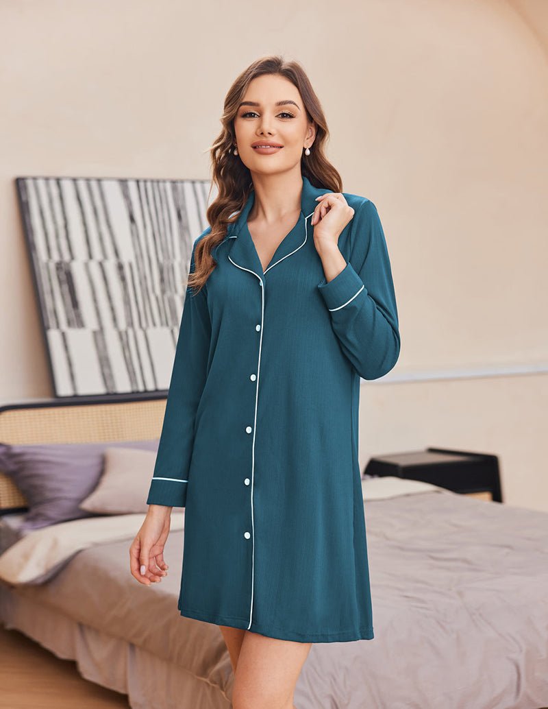 Ribbed knit pajama dress in teal/green with contrast piping and button front