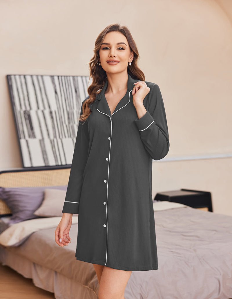 Ribbed knit pajama dress in dark gray with contrast collar trim and button front