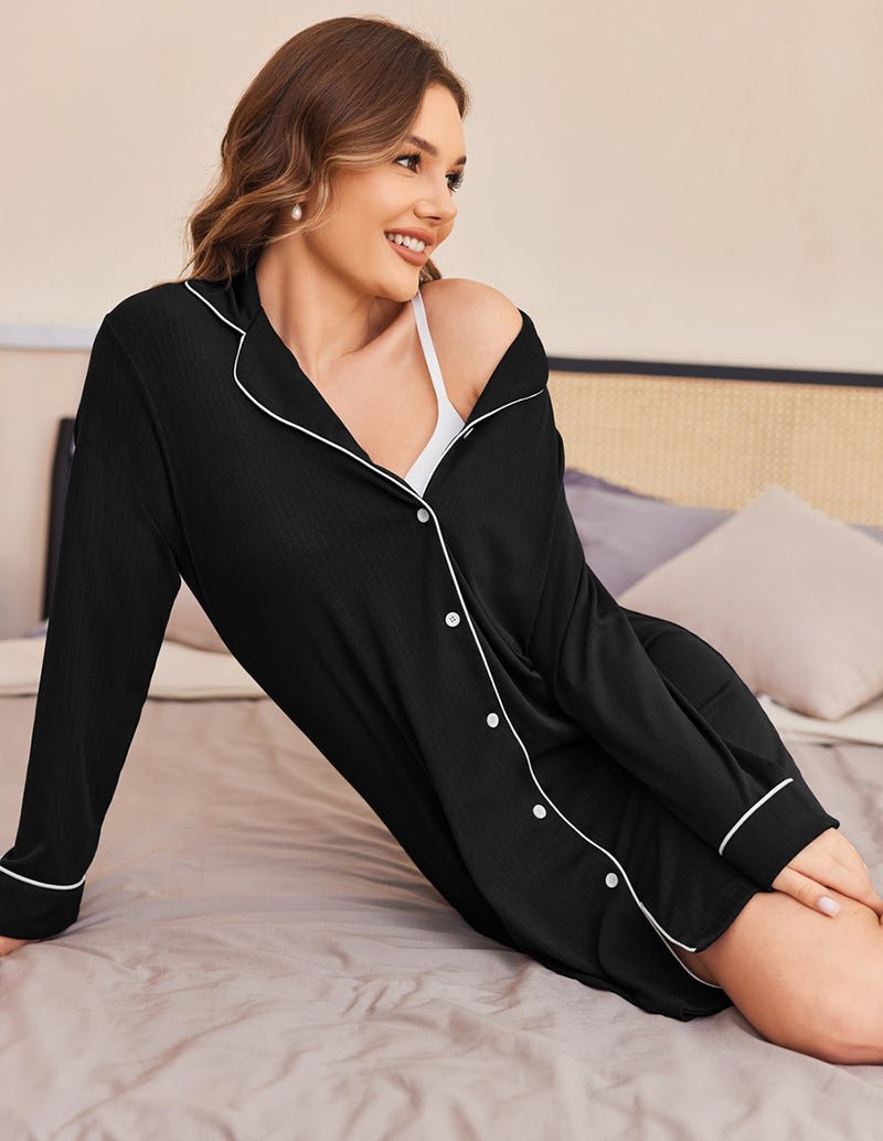 Ribbed knit pajama dress in black with contrast collar, cuffs, and front buttons