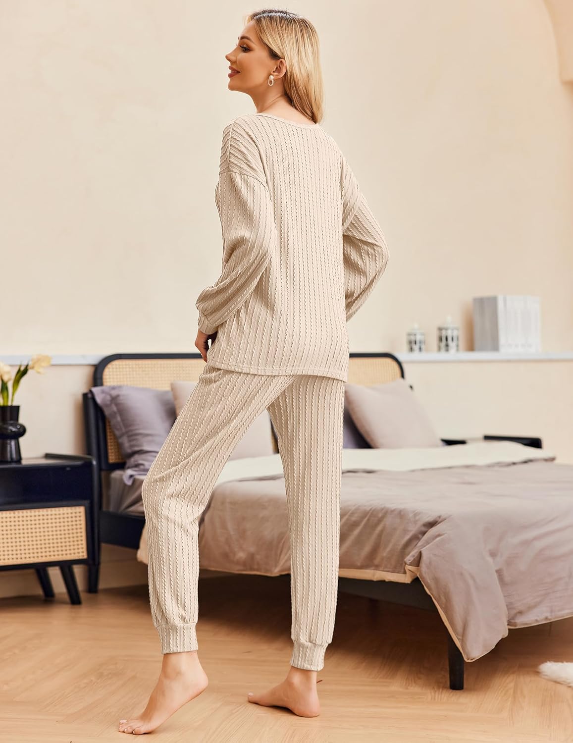 Ribbed knit pullover and jogger set in light beige, long sleeves, tapered jogger legs