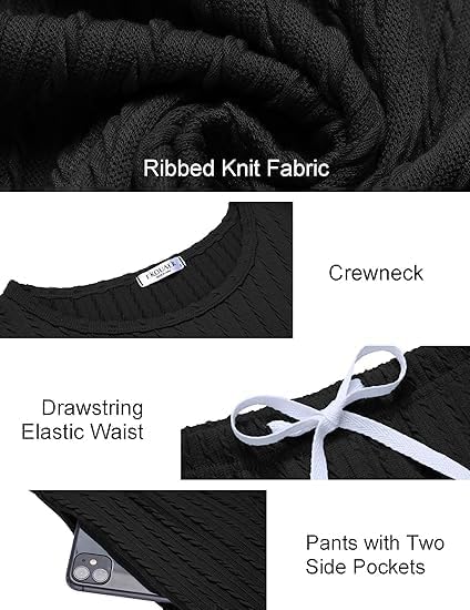 Ribbed knit fabric details: crewneck top, drawstring elastic waist, side pockets