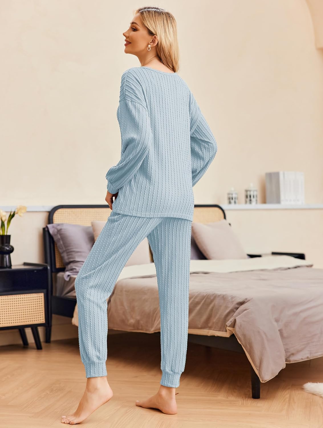Ribbed knit set: light blue long-sleeve top and jogger pants, full back view