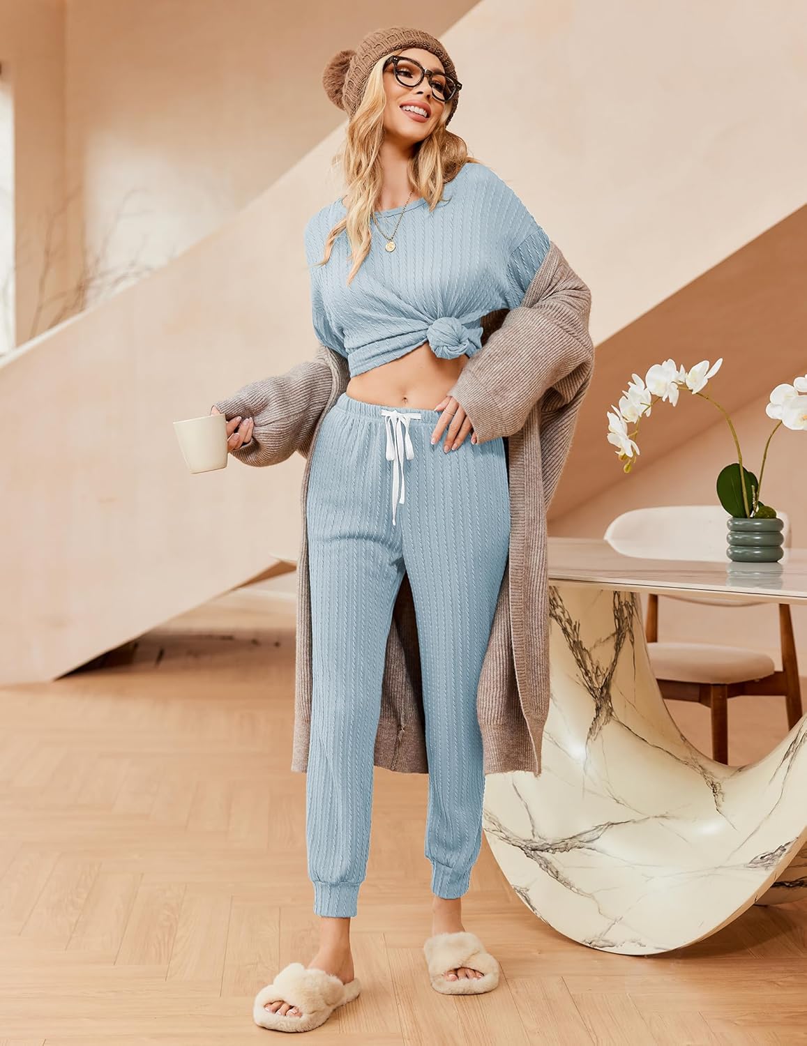 Ribbed knit set: off-shoulder long-sleeve pullover and jogger pants, light blue