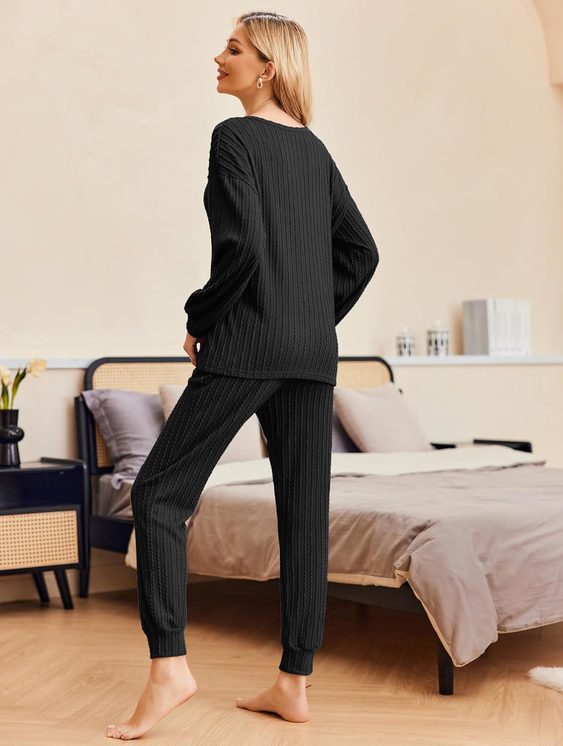 Dark ribbed knit long-sleeve pullover and jogger pants set, back view