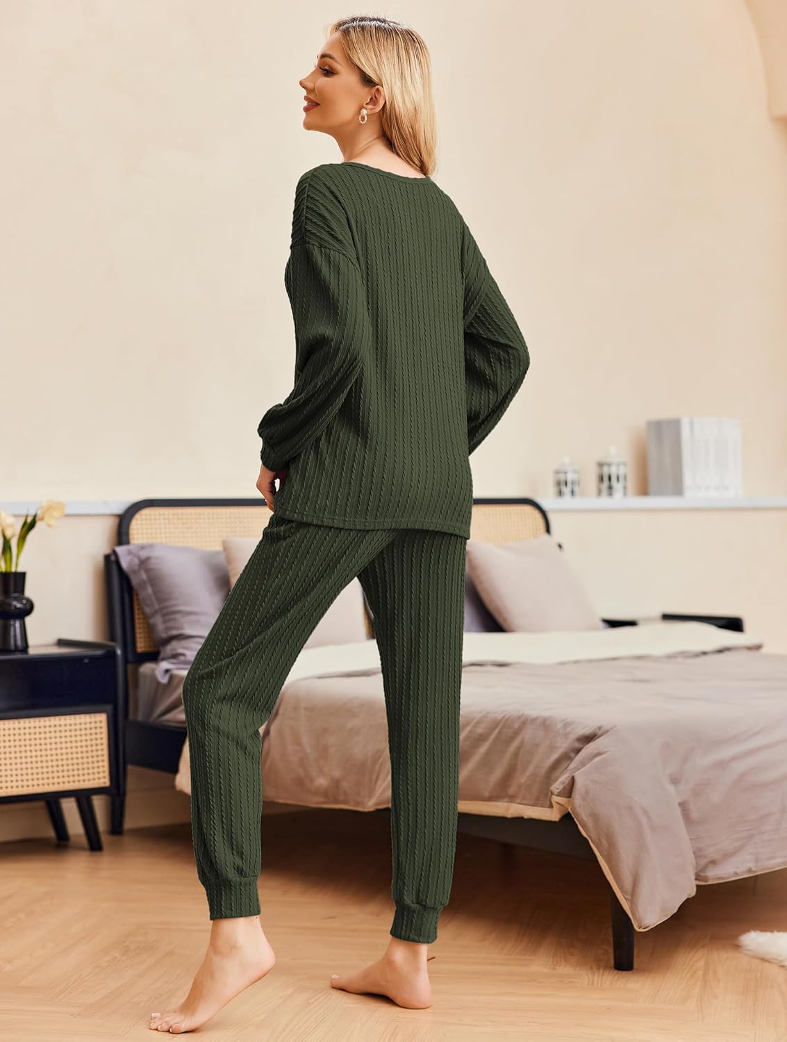 Dark green ribbed knit long-sleeve pullover with matching jogger pants, full length