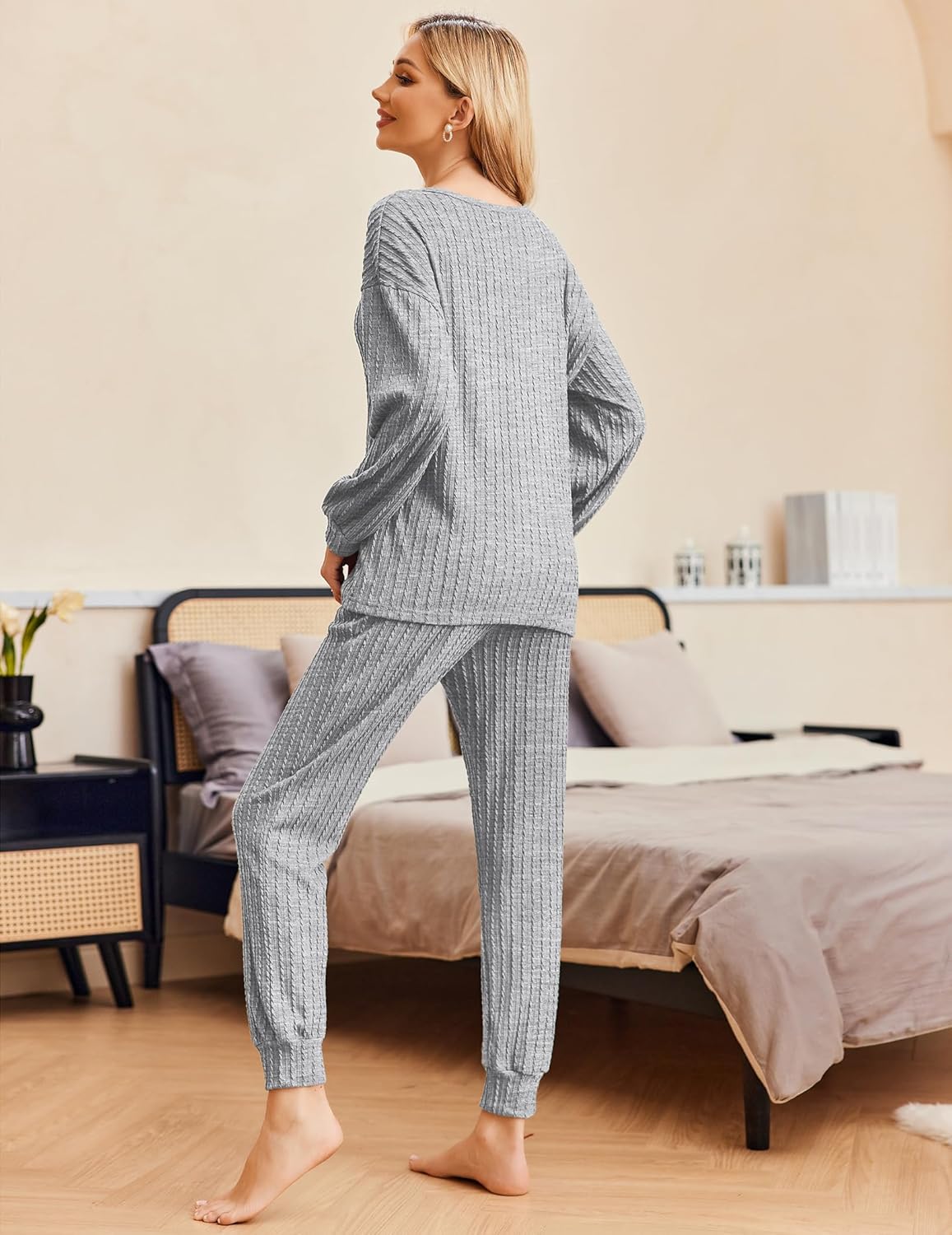Ribbed knit two-piece set: long-sleeve top and jogger pants, light gray, full length