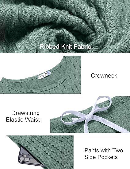 Ribbed knit fabric; crewneck top; jogger elastic drawstring waist; two side pockets