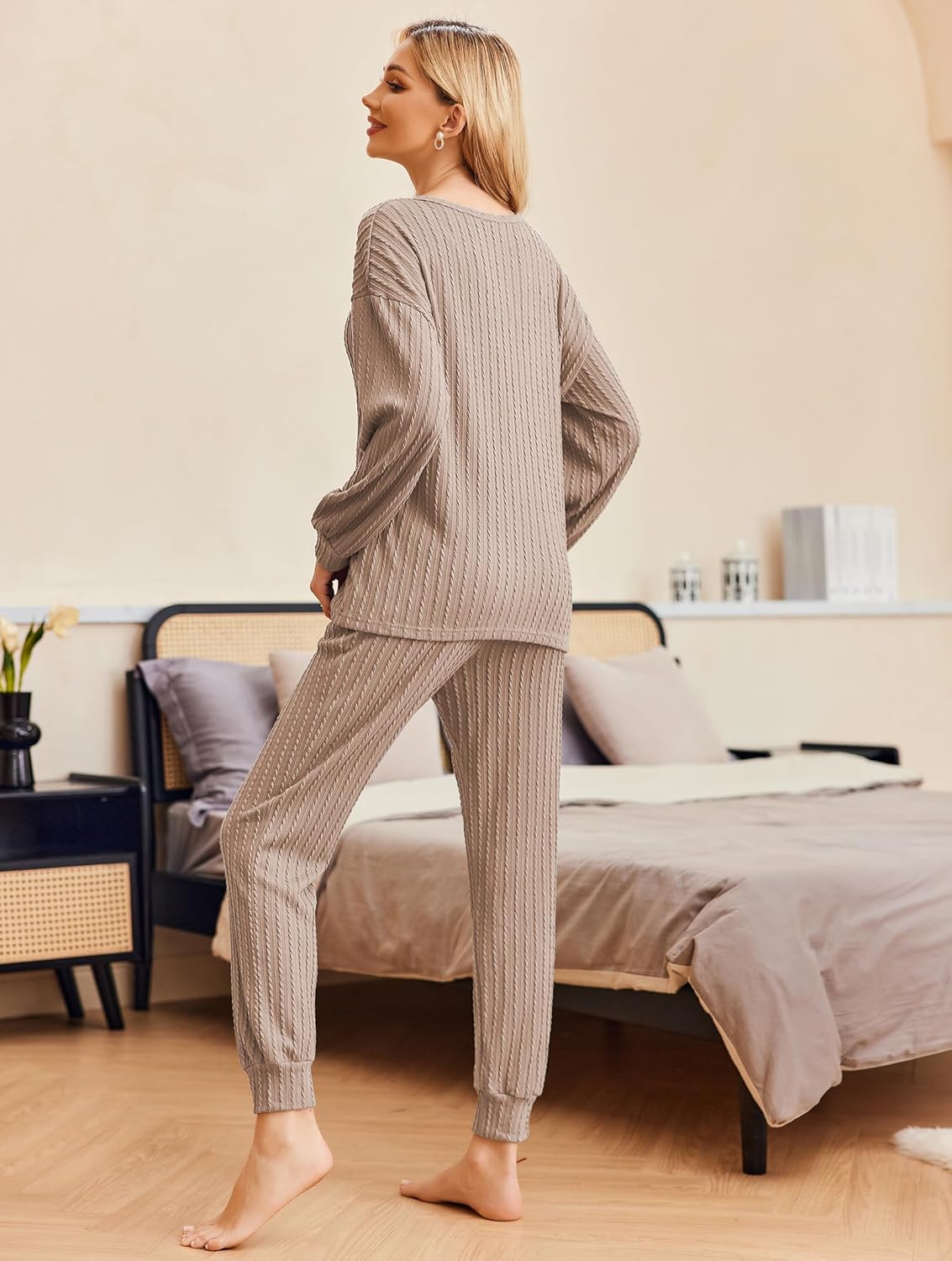 Taupe ribbed knit long-sleeve pullover top and jogger pants set, drawstring elastic waist