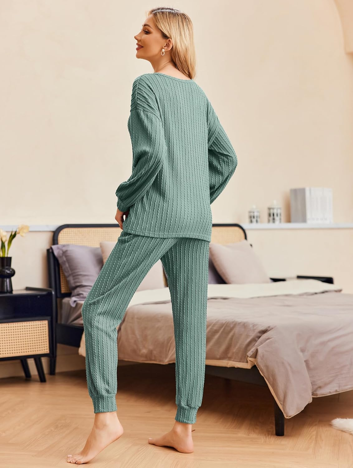 Ribbed knit set: green long-sleeve pullover and jogger pants, full back view