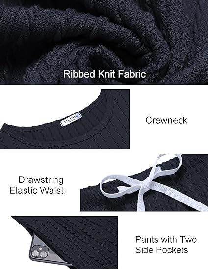 Ribbed knit fabric set: crewneck top with drawstring elastic waist joggers and side pockets