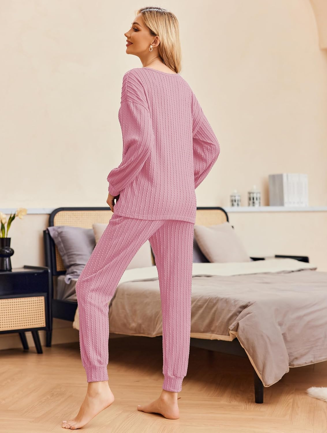 Pink ribbed knit long-sleeve pullover top and matching jogger pants, elastic drawstring waist
