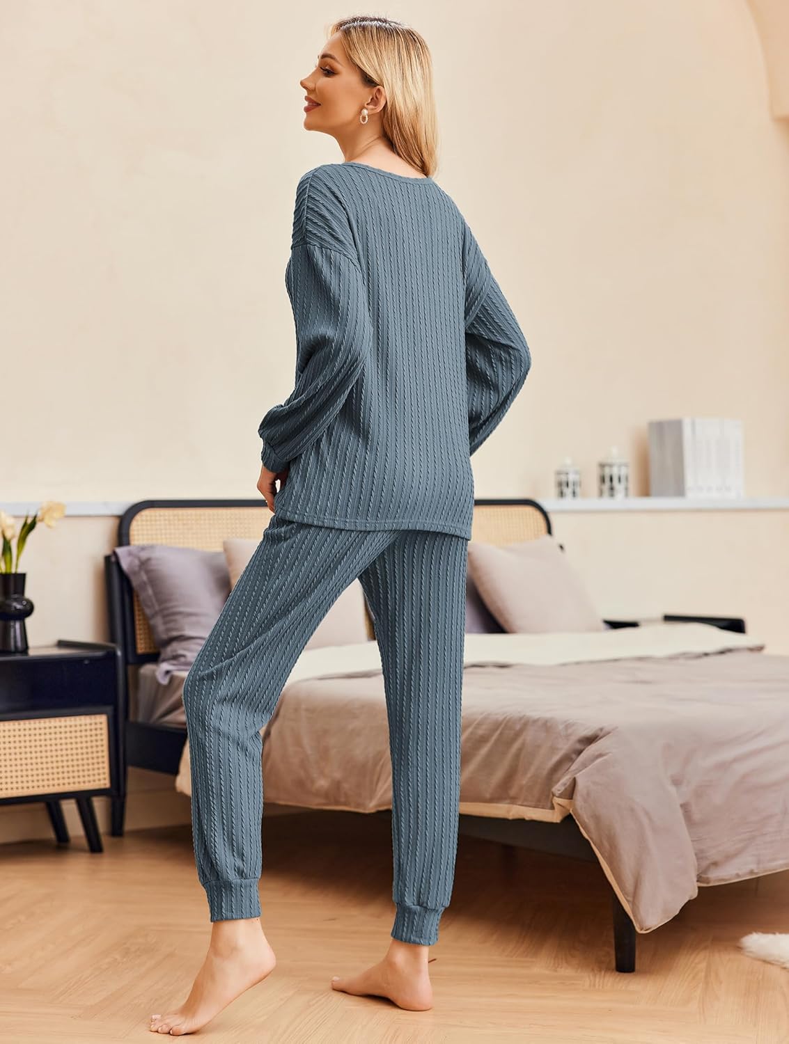 Blue ribbed knit long-sleeve pullover top and matching jogger pants set with elastic drawstring