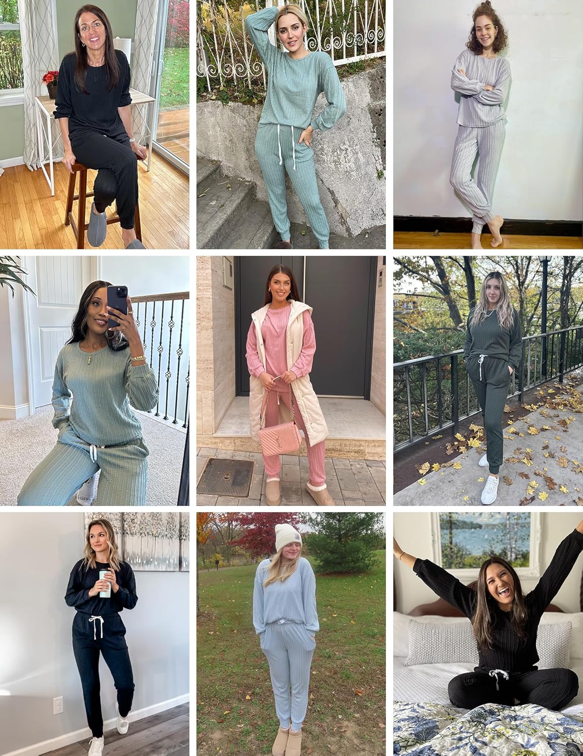Ribbed knit pullover and jogger set shown in multiple colors, drawstring elastic waist