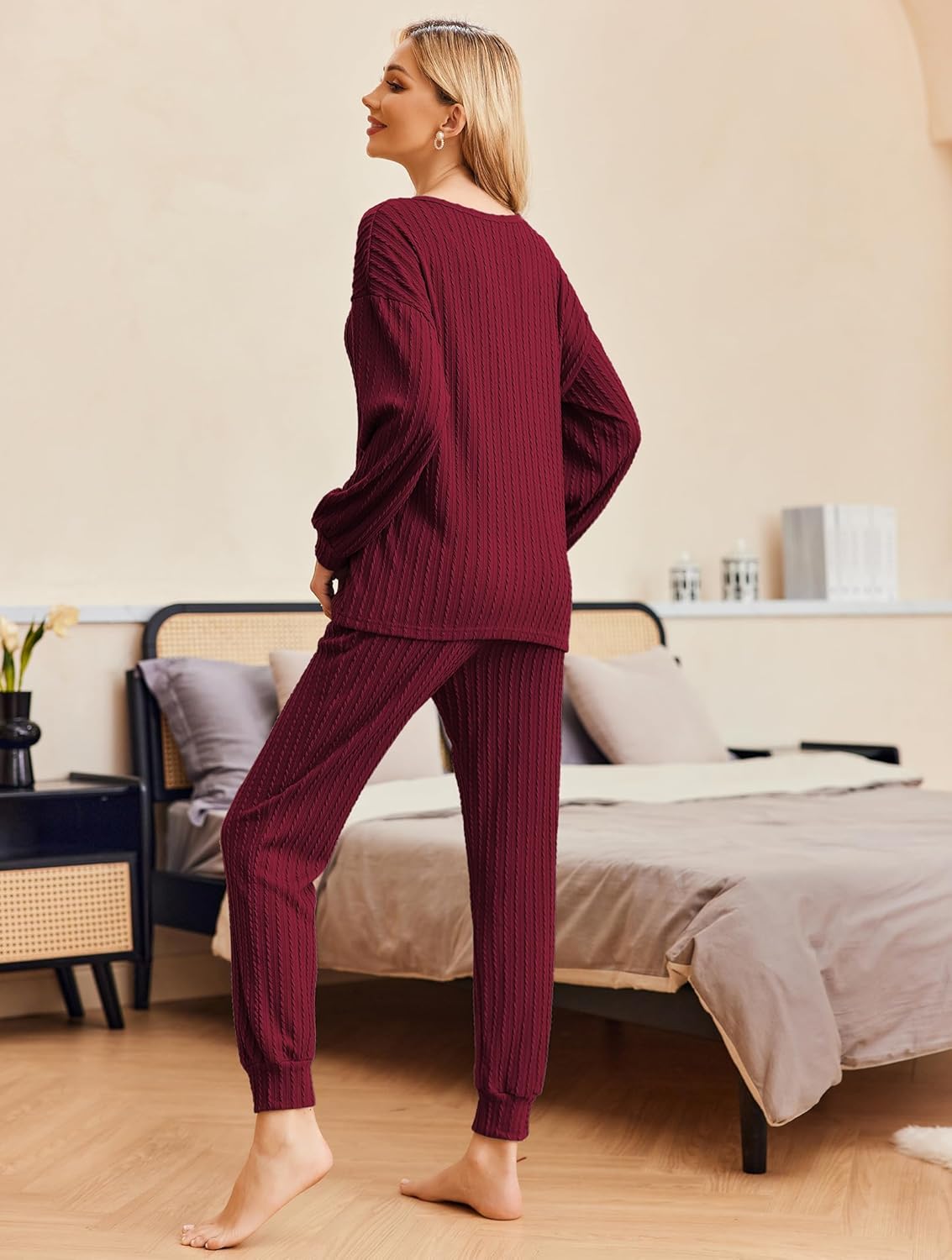 Ribbed knit pullover and jogger set in wine red, long sleeves, slim tapered joggers