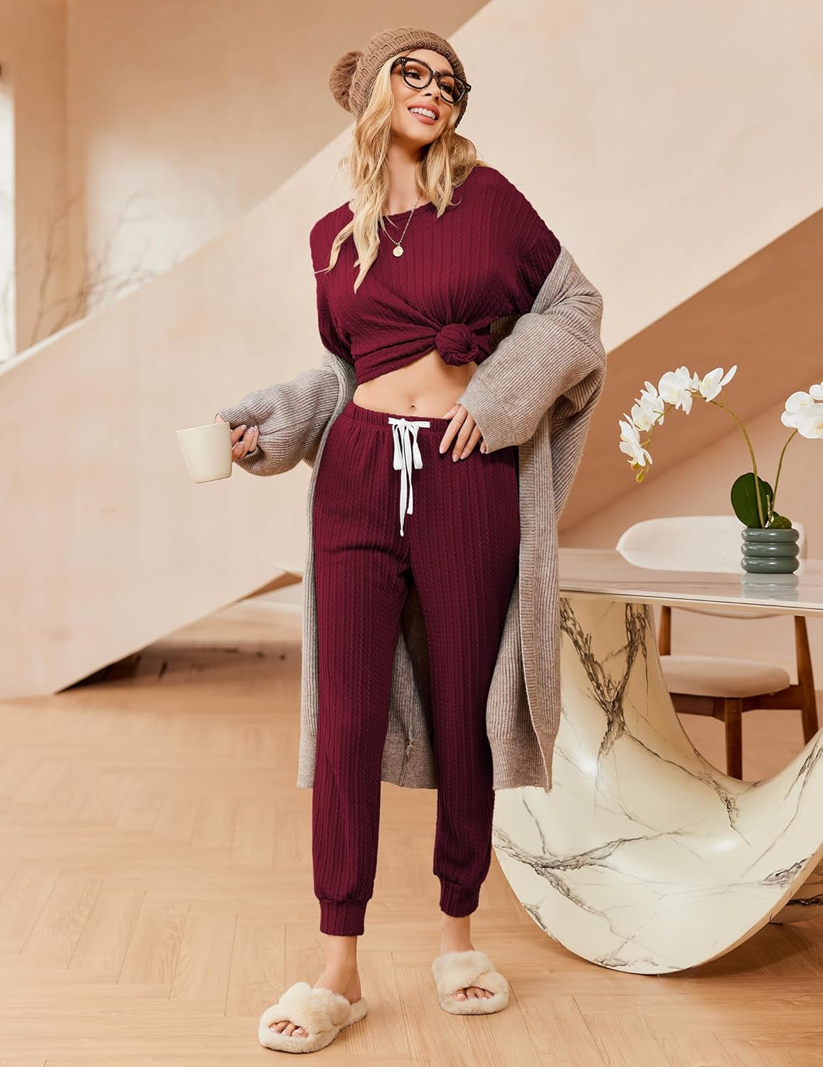 Ribbed knit pullover and jogger set in wine red, knotted front crop top, drawstring waist
