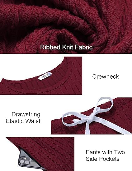 Burgundy ribbed knit fabric close-up with crewneck top and joggers, drawstring elastic waist