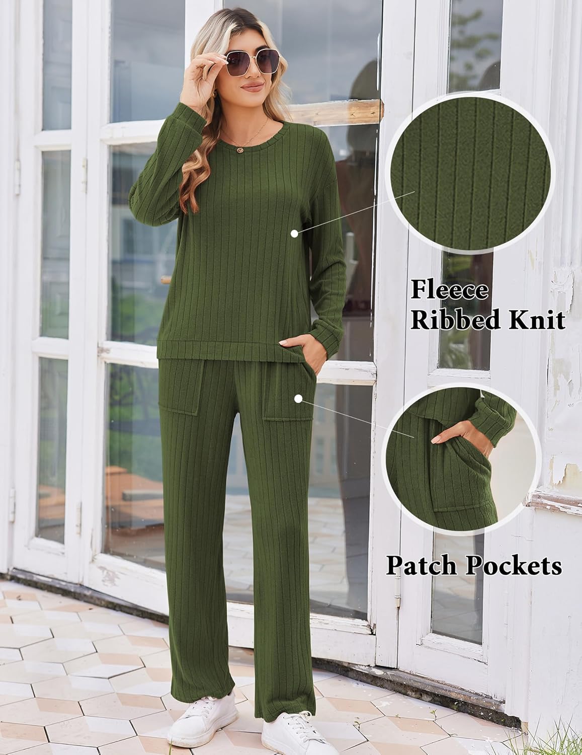 Ribbed knit pajama set in army green with patch pockets on trousers