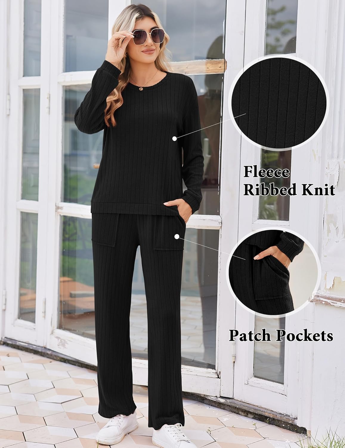 Black ribbed knit pajama set with patch pockets on pants, long sleeves