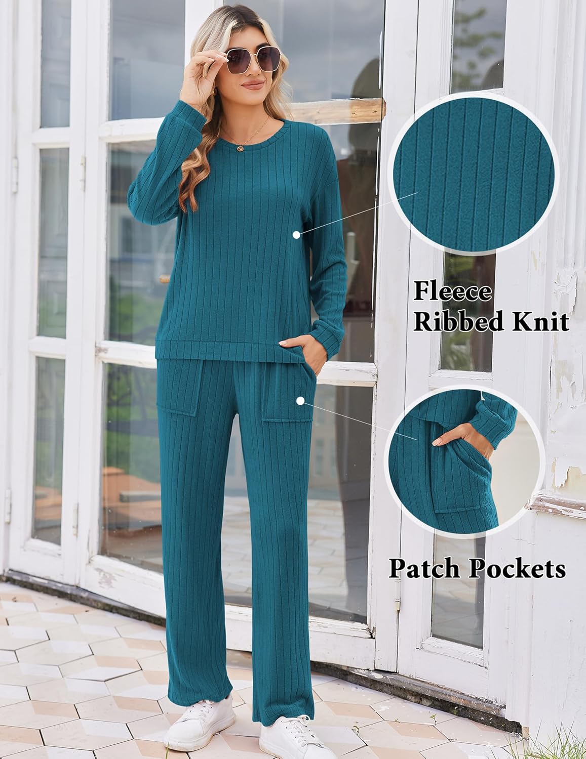 Ribbed knit pajama set in blue-green with patch pockets on pants