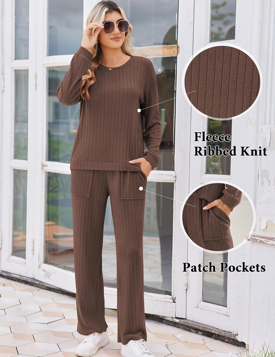 Brown ribbed knit pajama set with patch pockets on top and wide-leg pants.