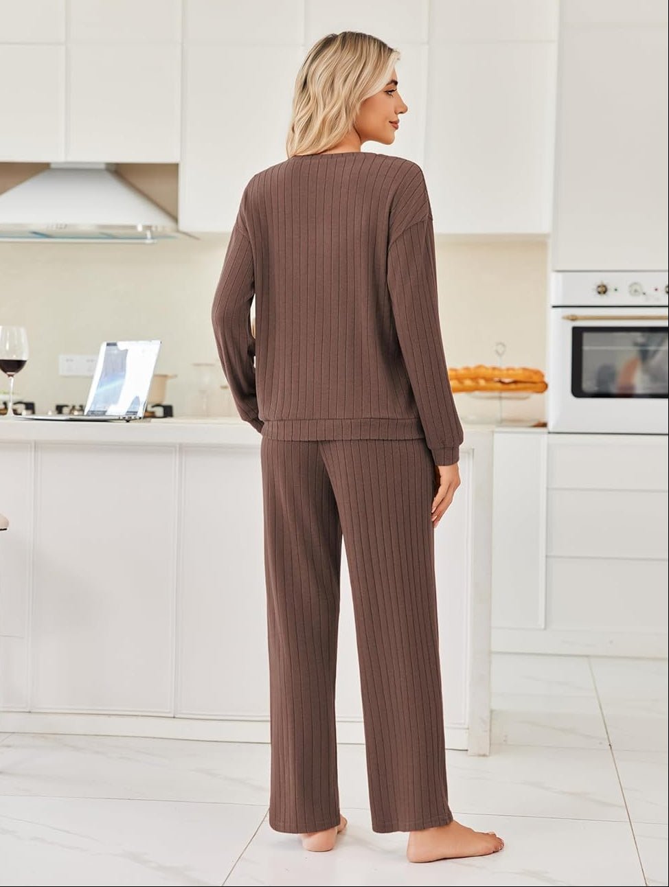 Brown ribbed knit pajama set, back view of long-sleeve top and wide-leg pants.