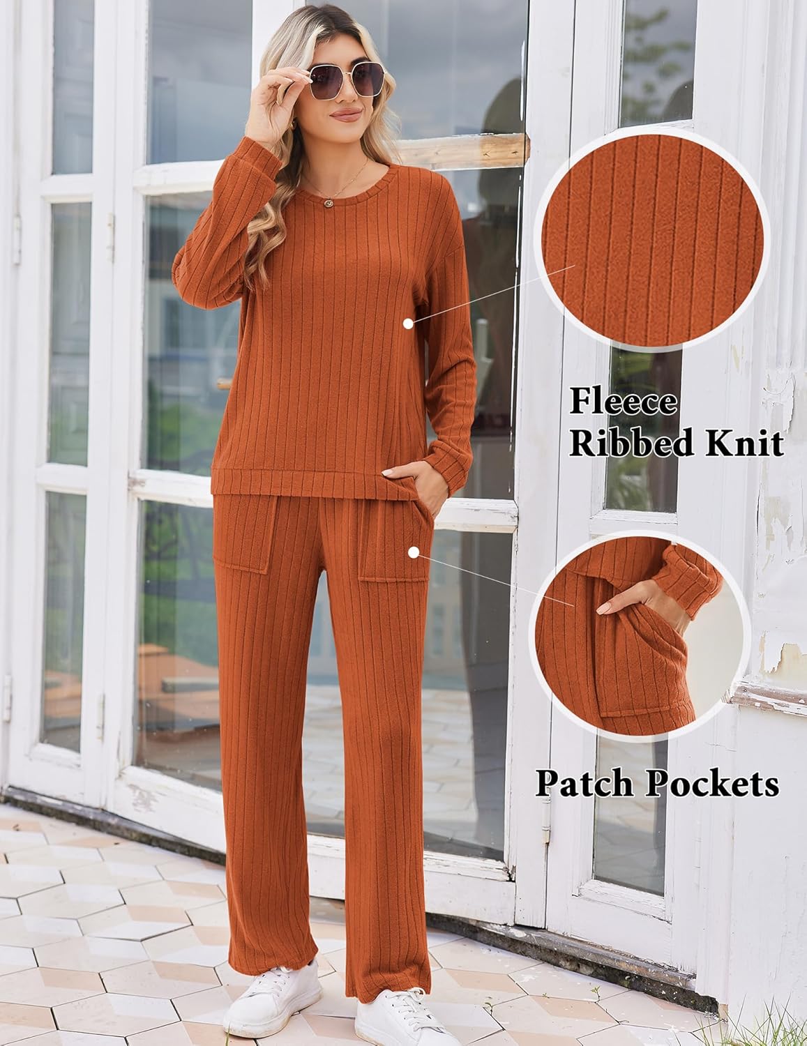 Ribbed knit pajama set in caramel, long-sleeve top and matching trousers