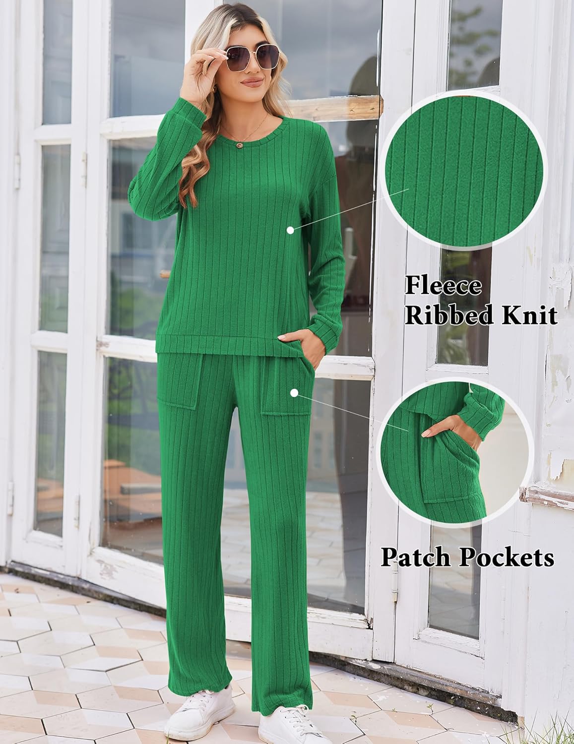 Dark green ribbed knit pajama set with patch pockets on long-sleeve top and pants.