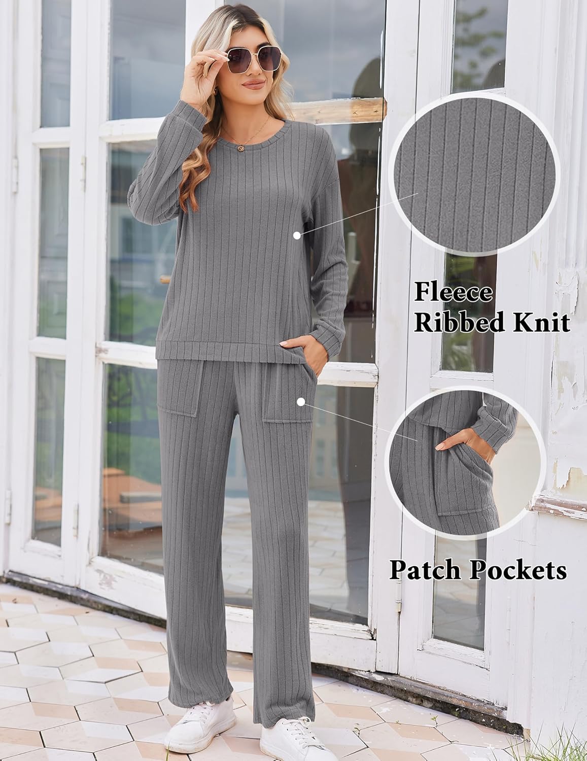 Ribbed knit pajama set in dark grey, long sleeves and matching pants