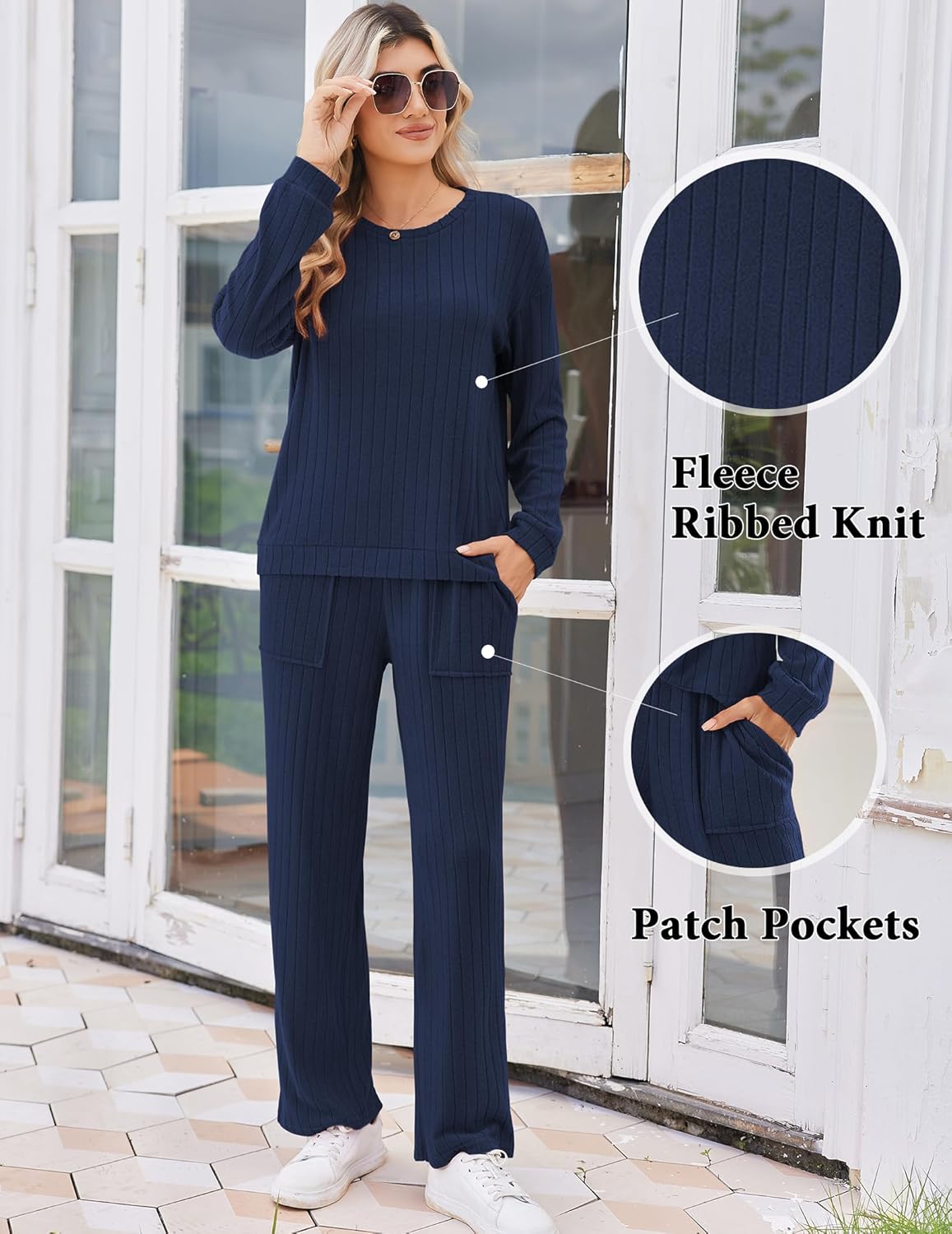 Navy blue ribbed knit pajama set with patch pockets on trousers
