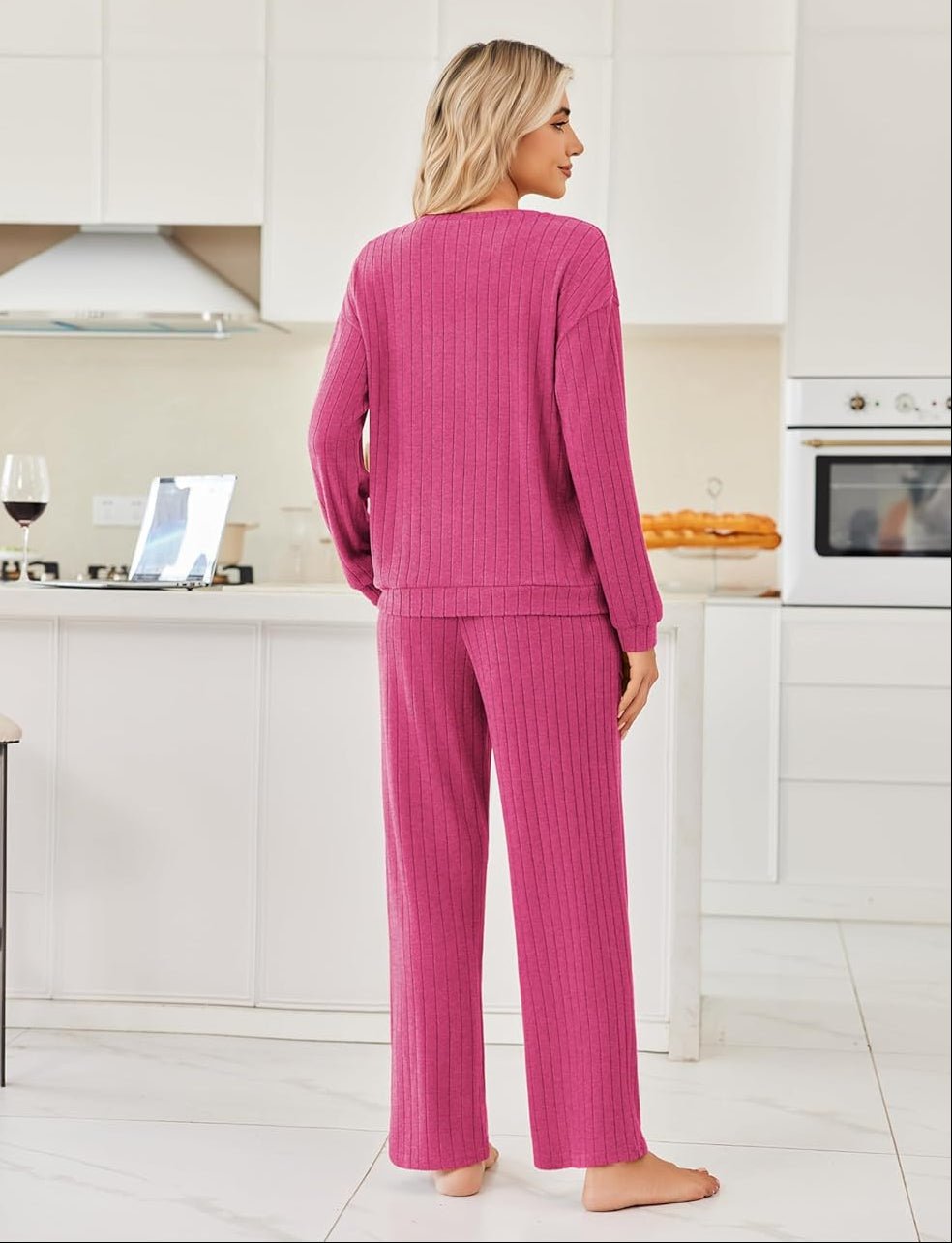 Rose red ribbed knit pajama set, back view of long-sleeve top and wide-leg pants.