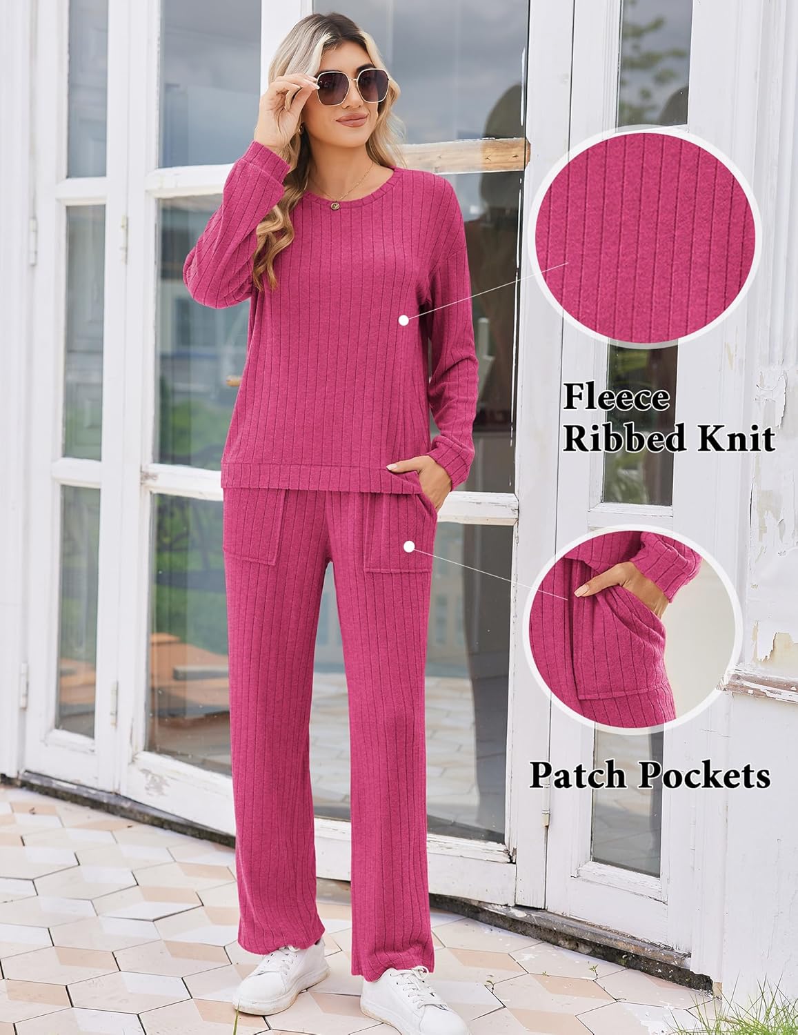Rose red ribbed knit pajama set with patch pockets on top and wide-leg pants.