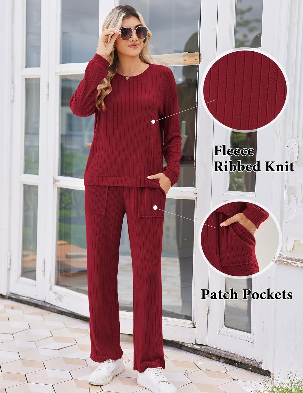 Wine red ribbed knit pajama set with patch pockets on top and wide-leg pants.