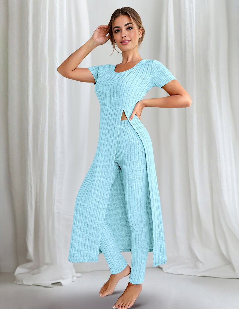 Ribbed split-hem lounge set with short-sleeve top and wide-leg pants, light blue