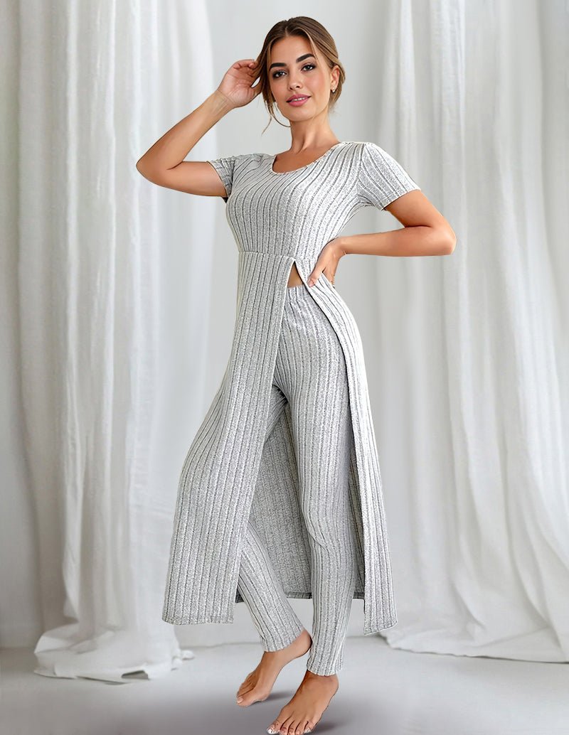 Ribbed split-hem lounge set with short-sleeve top and wide-leg pants, gray