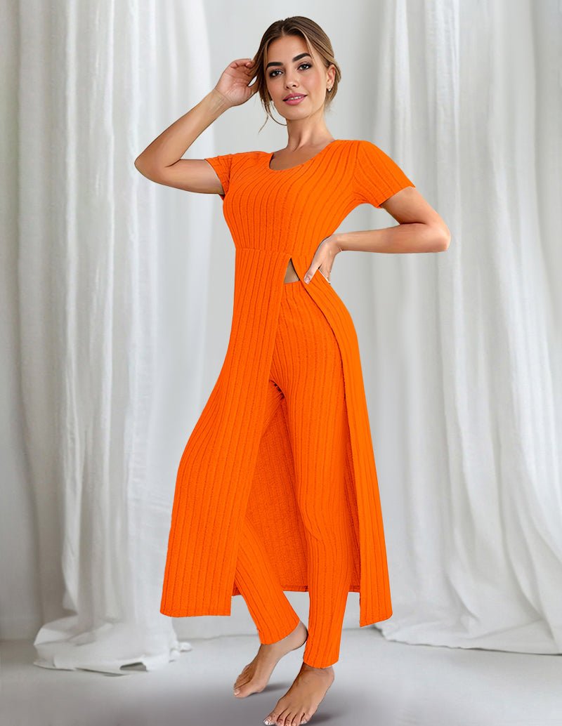 Ribbed split-hem lounge set with short-sleeve top and wide-leg pants, orange