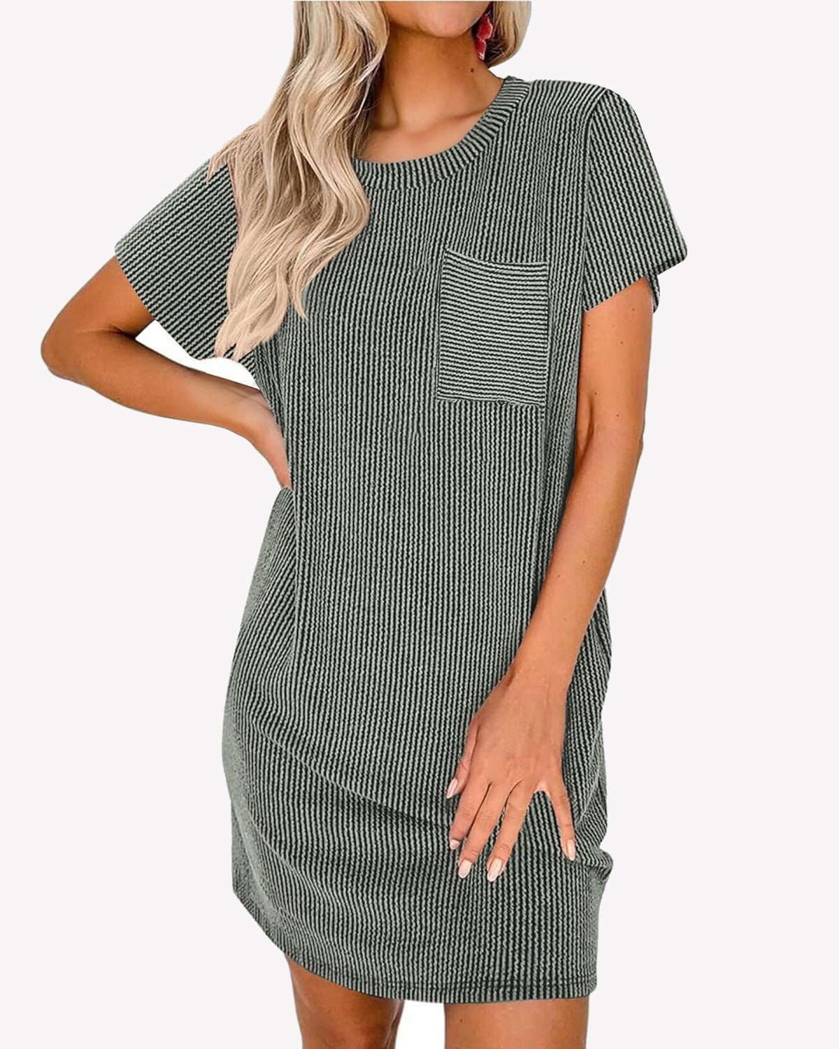 Ribbed sleep T-shirt nightgown, dark green stripe knit, short sleeves, crew neck, chest pocket
