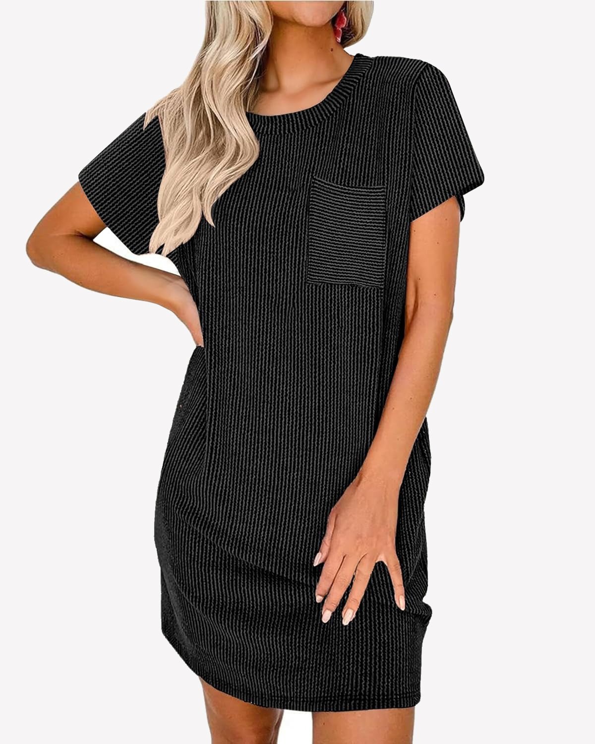 Ribbed sleep T-shirt nightgown, black stripe knit, short sleeves, crew neck, front pocket