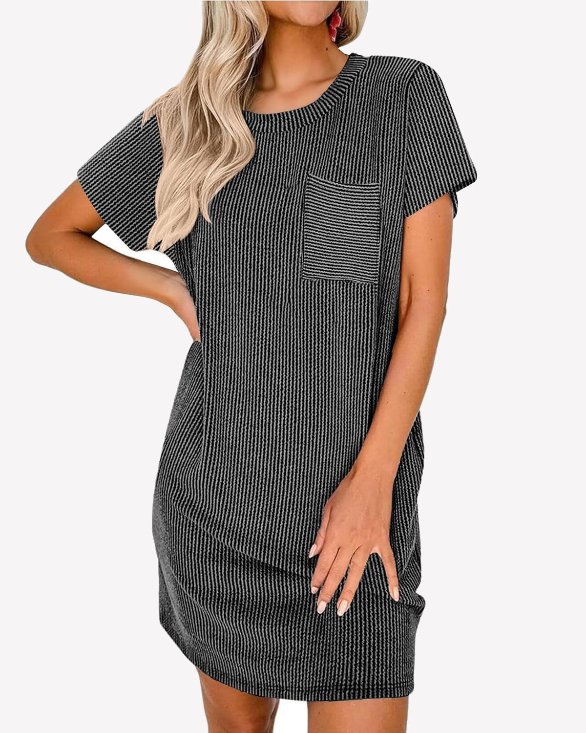 Ribbed sleep T-shirt nightgown dress, black, short sleeves and crew neck with chest pocket