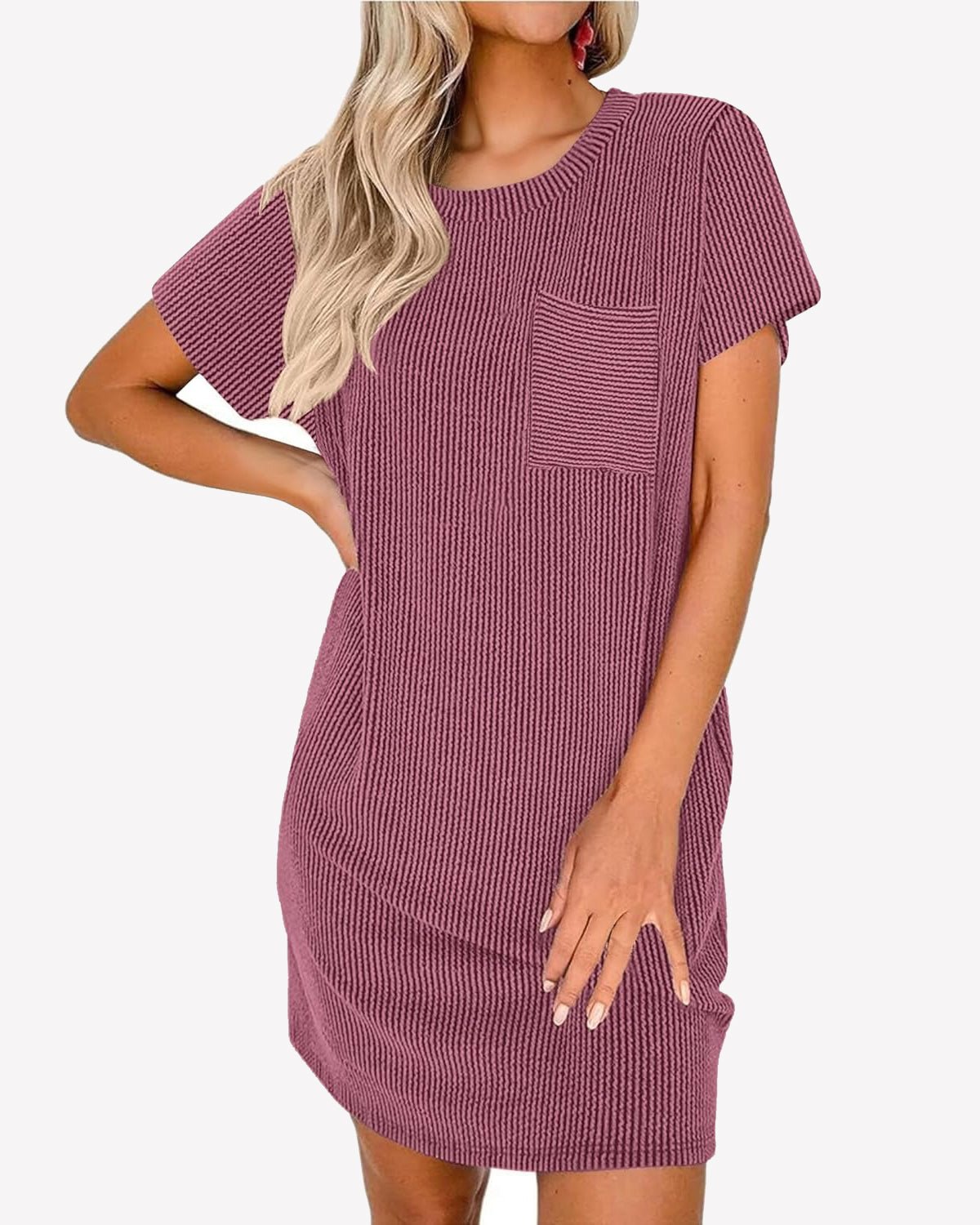 Ribbed sleep T-shirt nightgown, berry pink, short sleeves, crew neck, front chest pocket