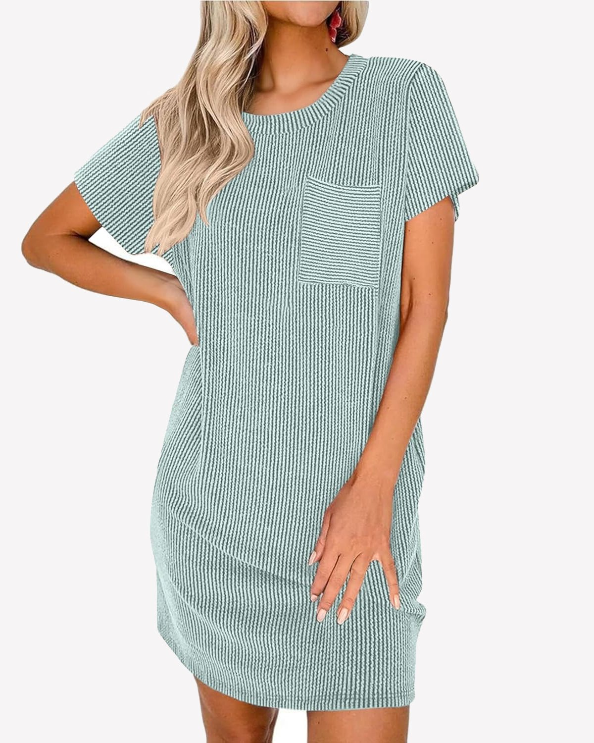 Ribbed sleep T-shirt nightgown, light green, short sleeves, crew neck, front chest pocket