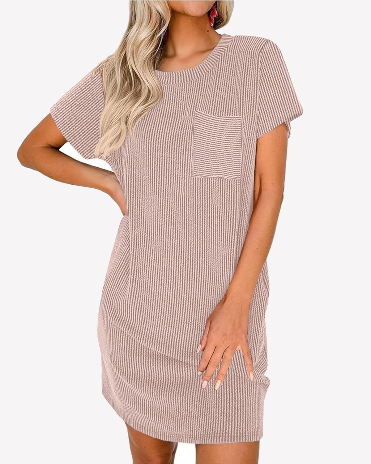 Ribbed sleep T-shirt nightgown, light khaki/beige, short sleeves, crew neck, front chest pocket