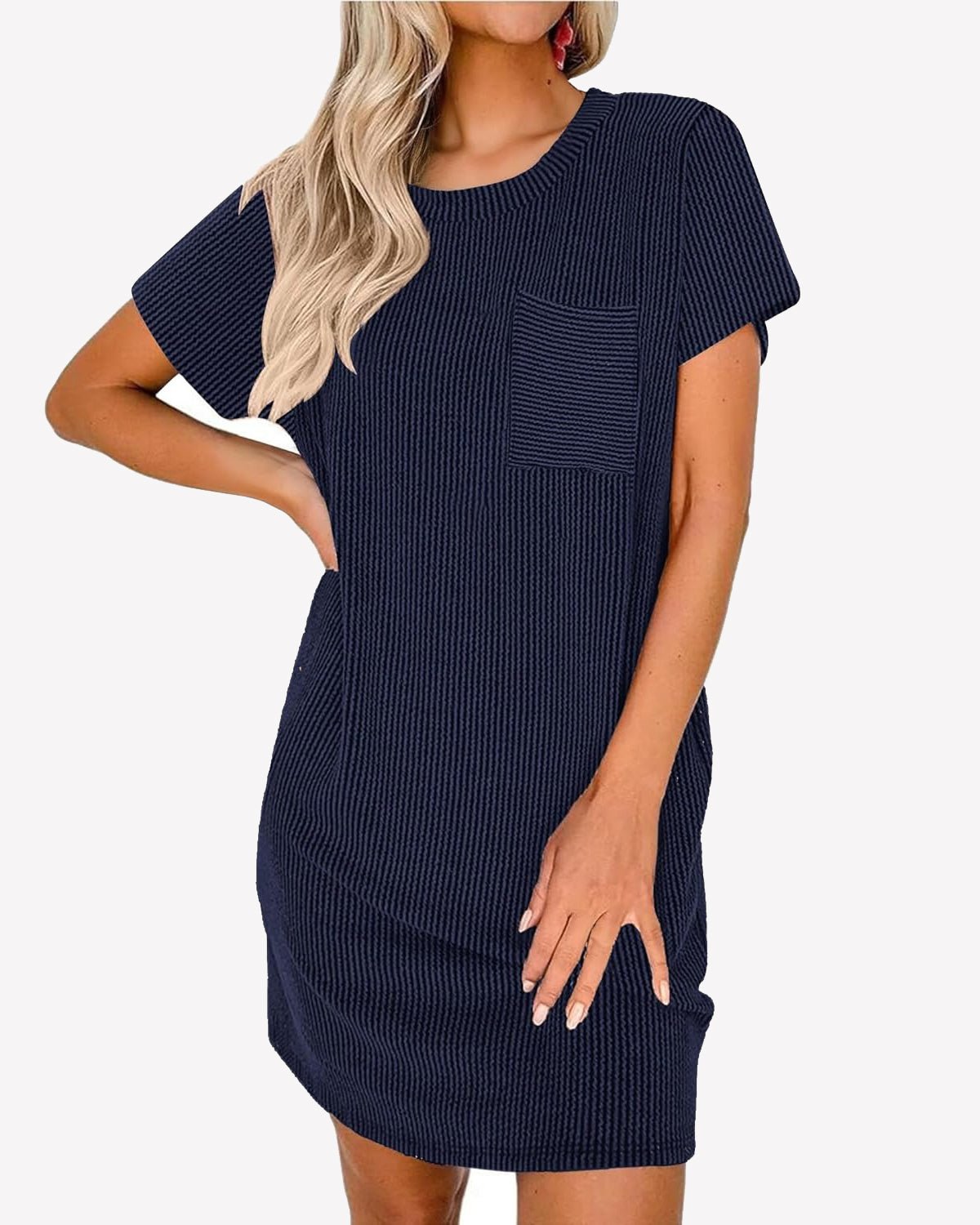 Ribbed sleep T-shirt nightgown, navy blue, short sleeves, crew neck, front chest pocket