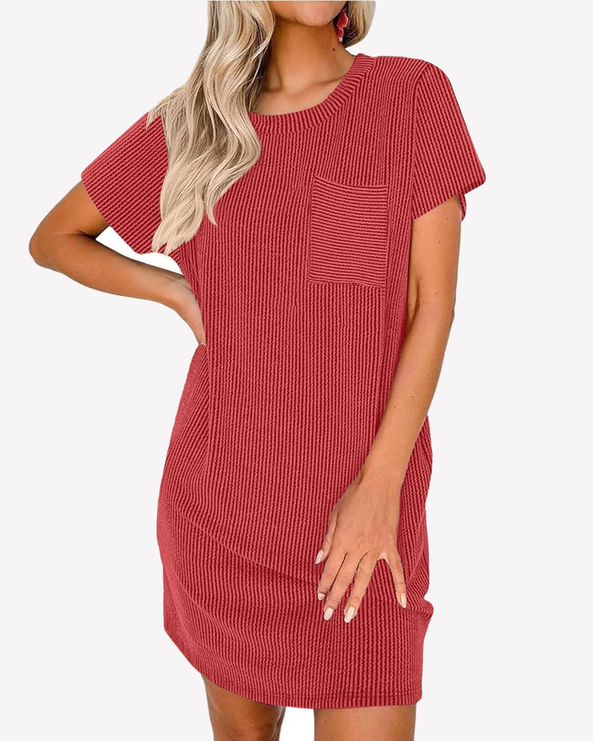 Ribbed sleep T-shirt nightgown, red, crew neck and short sleeves, chest pocket detail