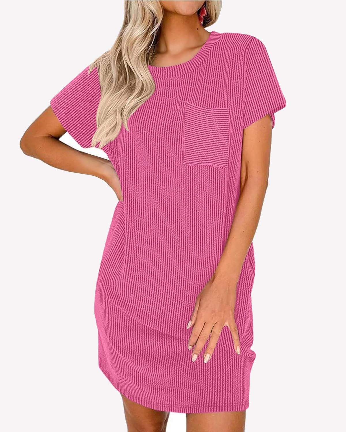 Ribbed sleep T-shirt nightgown, rose pink, crew neck, short sleeves, front chest pocket
