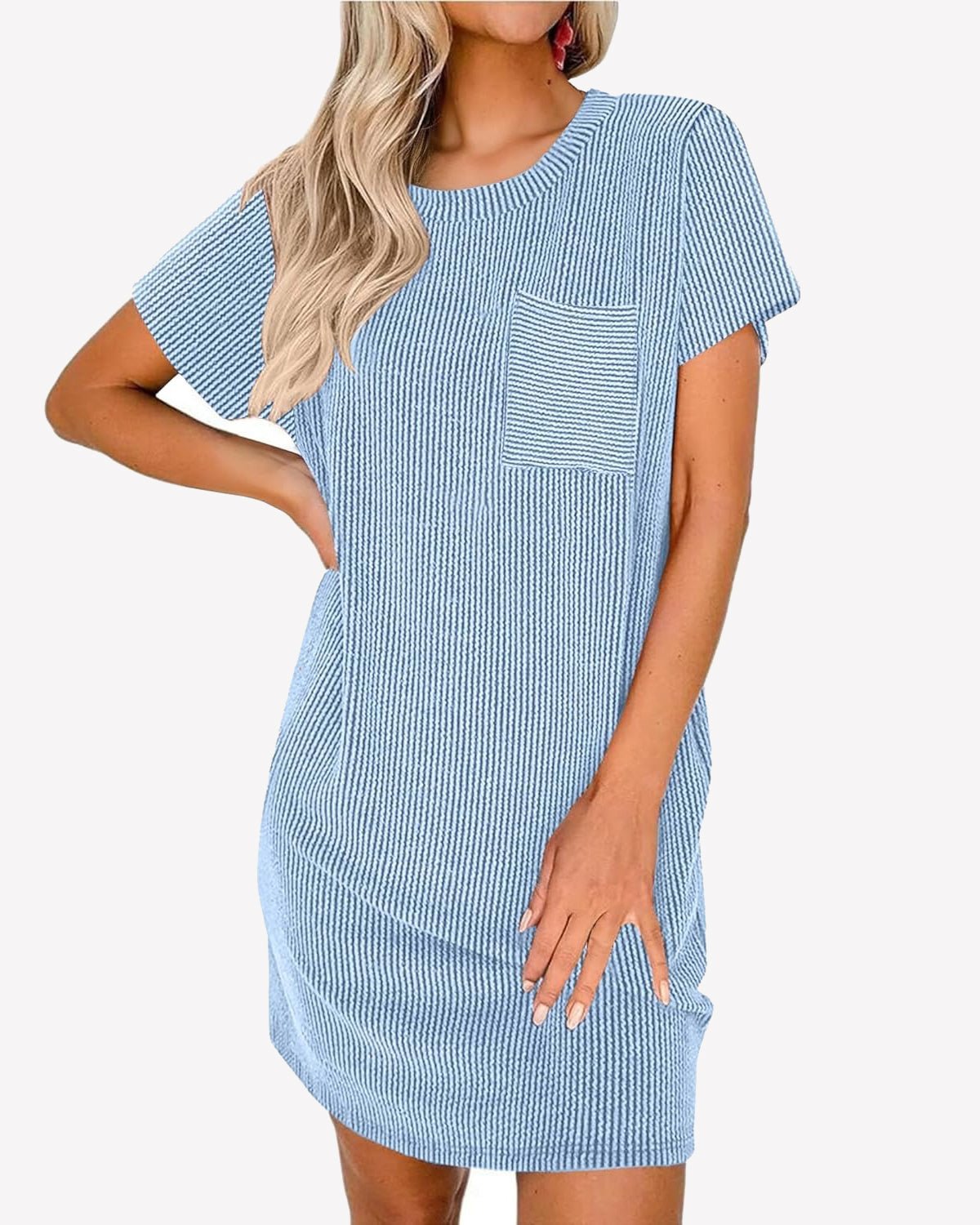 Ribbed sleep T-shirt nightgown, sky blue, short sleeves and crew neck with chest pocket