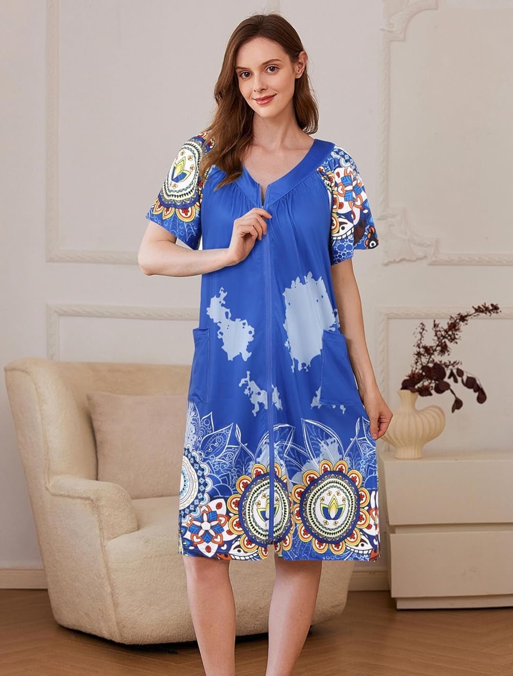 Front-zip housecoat robe, royal blue with ornate medallion print, short sleeves