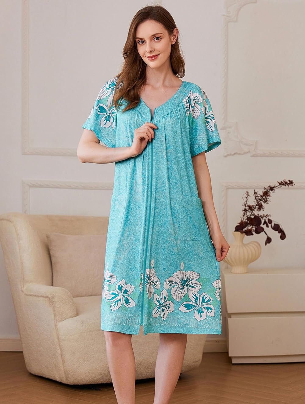 Front-zip housecoat robe, teal blue floral border print, short sleeves, relaxed silhouette