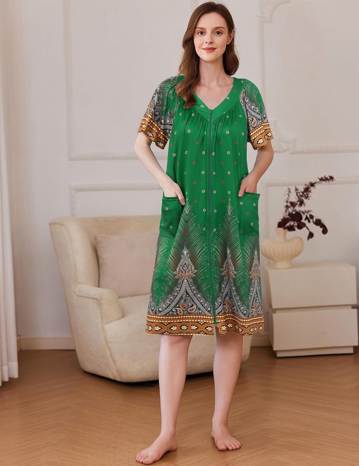 Front-zip housecoat robe, green with patterned border print, short sleeves and V-neck