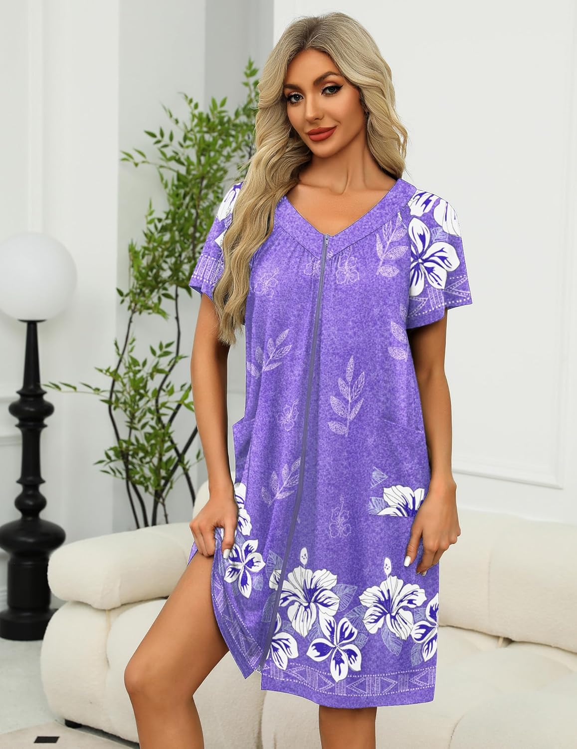 Zipper Front Mumu Duster Housecoat lila Blumenmuster mit kurzen Ärmeln