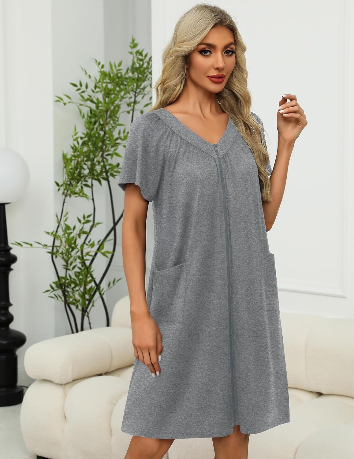 Front-zip housecoat robe, heather gray solid, short sleeves, relaxed A-line shape